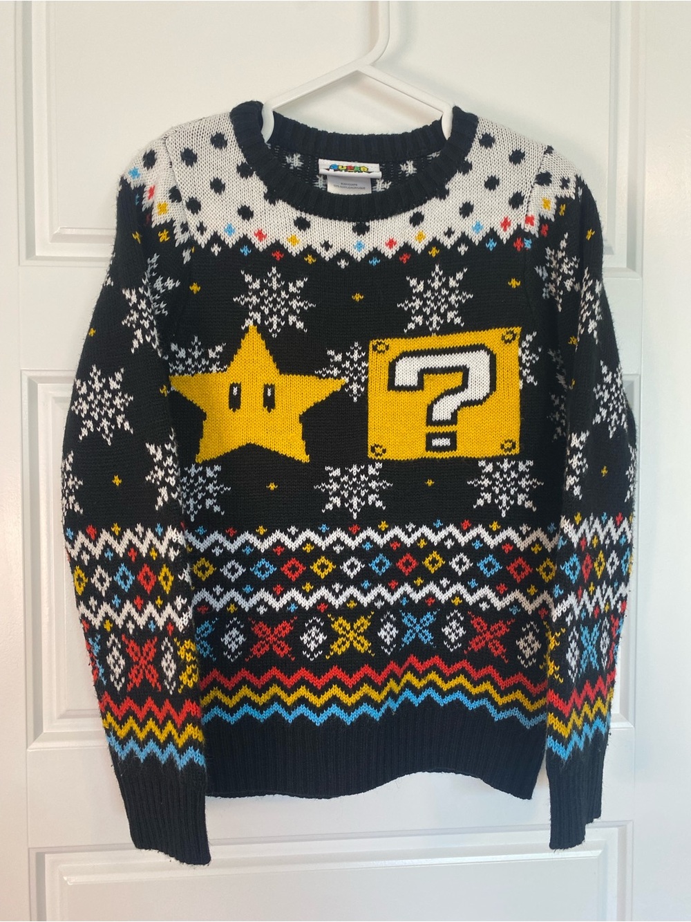 Super Mario Ugly Christmas Sweater Kids Size 6X Nintendo Star Question Block